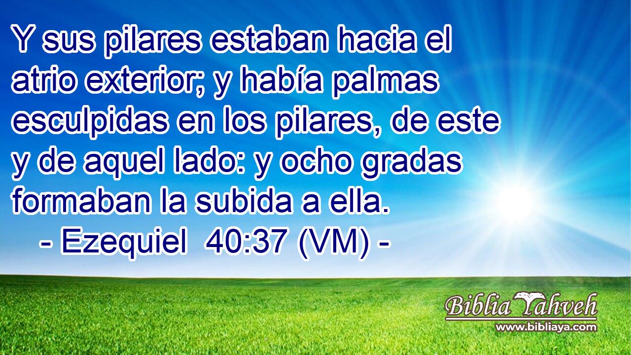  Y sus pilares estaban hacia el atrio exterior; y había palmas esculpidas en los pilares, de este y de aquel lado: y ocho gradas formaban la subida a ella. 