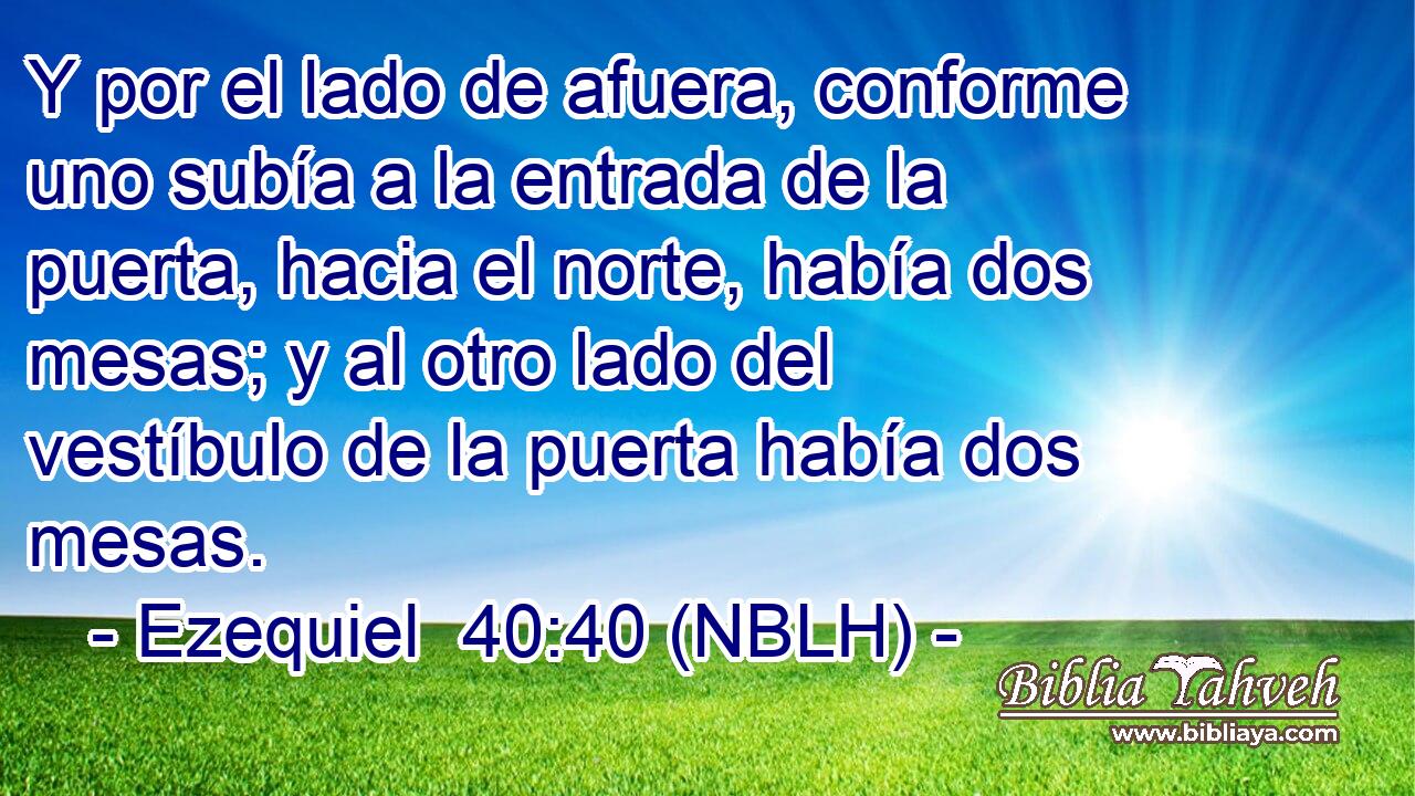  Y por el lado de afuera, conforme uno subía a la entrada de la puerta, hacia el norte, había dos mesas; y al otro lado del vestíbulo de la puerta había dos mesas. 