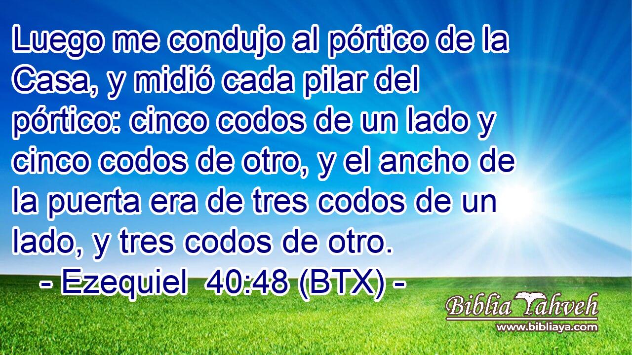 Luego me condujo al pórtico de la Casa, y midió cada pilar del pórtico: cinco codos de un lado y cinco codos de otro, y el ancho de la puerta era de tres codos de un lado, y tres codos de otro.