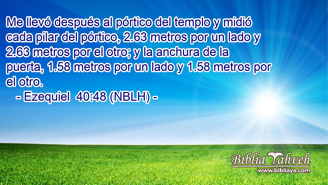  Me llevó después al pórtico del templo y midió cada pilar del pórtico, 2.63 metros por un lado y 2.63 metros por el otro; y la anchura de la puerta, 1.58 metros por un lado y 1.58 metros por el otro. 