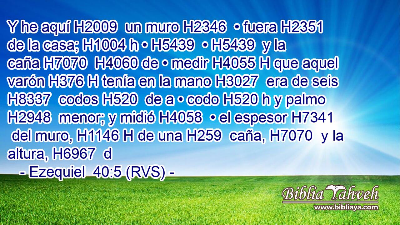 Y he aquí H2009  un muro H2346  • fuera H2351  de la casa; H1004 h • H5439  • H5439  y la caña H7070  H4060 de • medir H4055 H que aquel varón H376 H tenía en la mano H3027  era de seis H8337  codos H520  de a • codo H520 h y palmo H2948  menor; y midió H4058  • el espesor H7341  del muro, H1146 H de una H259  caña, H7070  y la altura, H6967  d