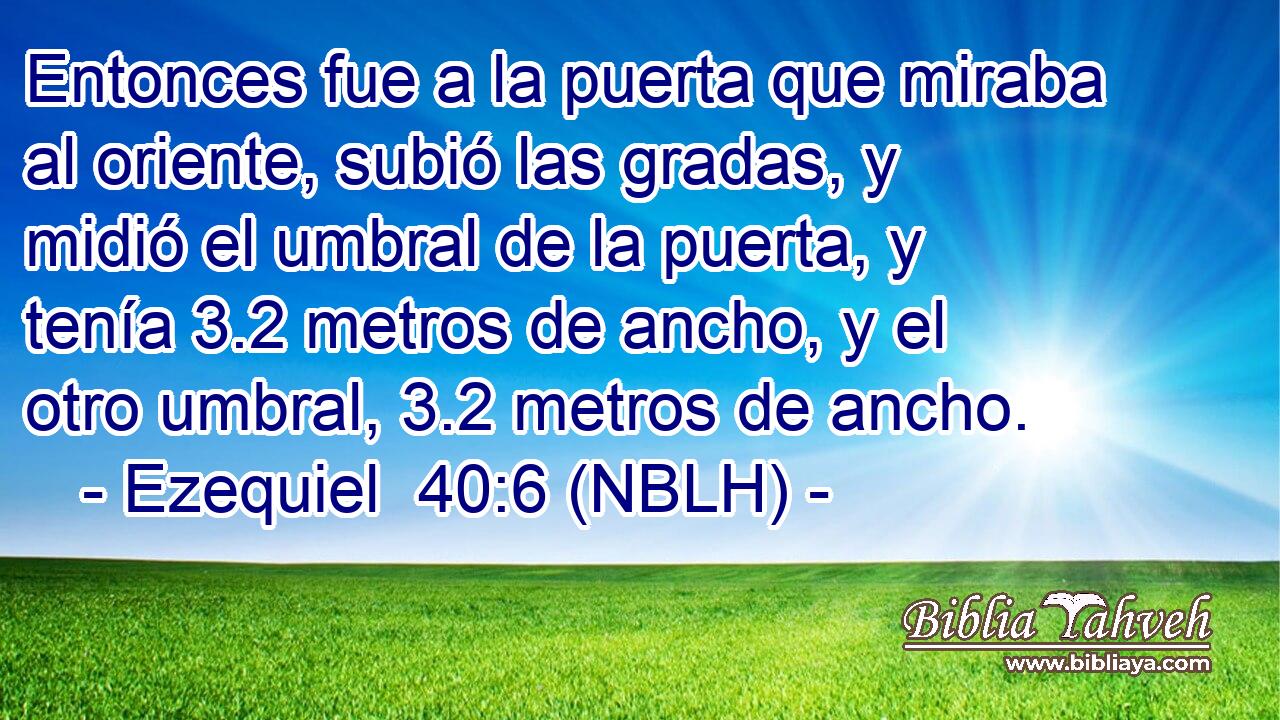  Entonces fue a la puerta que miraba al oriente, subió las gradas, y midió el umbral de la puerta, y tenía 3.2 metros de ancho, y el otro umbral, 3.2 metros de ancho. 