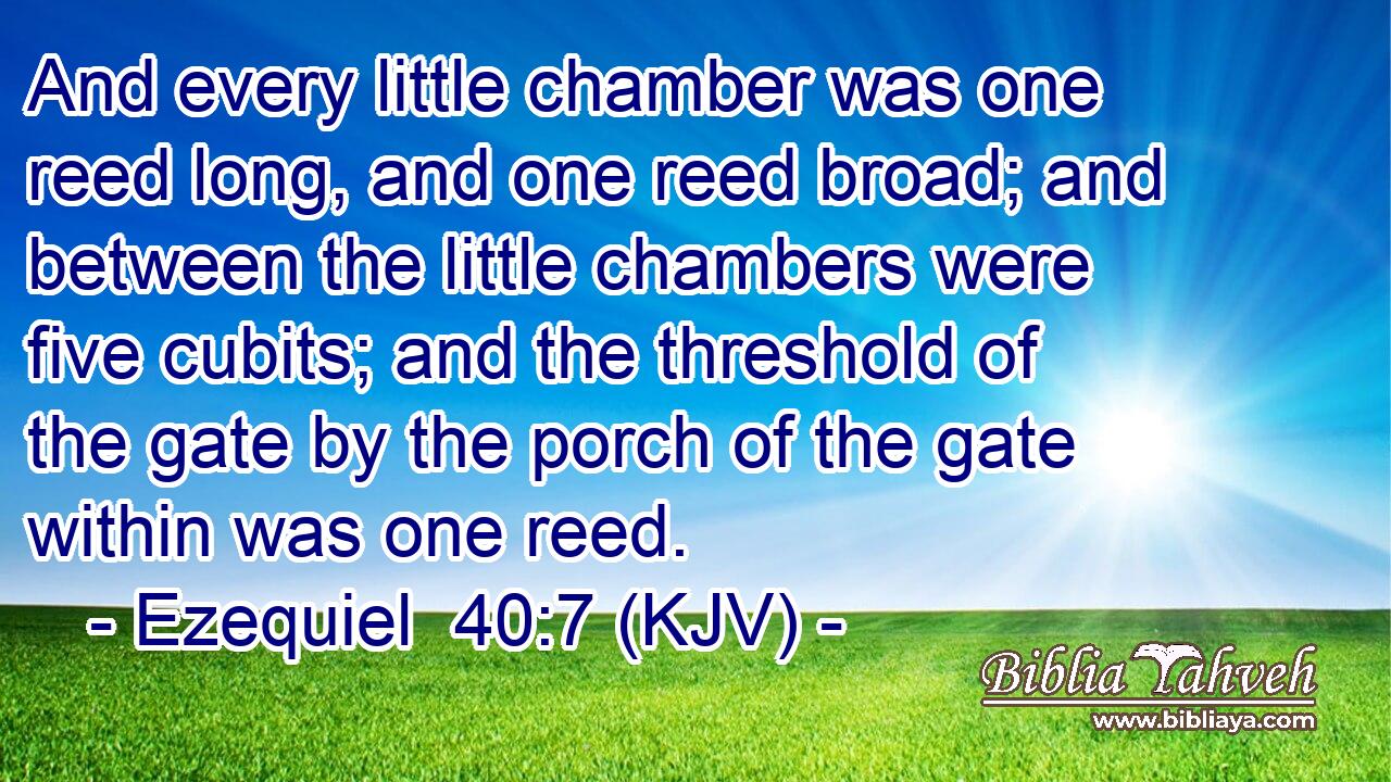And every little chamber was one reed long, and one reed broad; and between the little chambers were five cubits; and the threshold of the gate by the porch of the gate within was one reed.