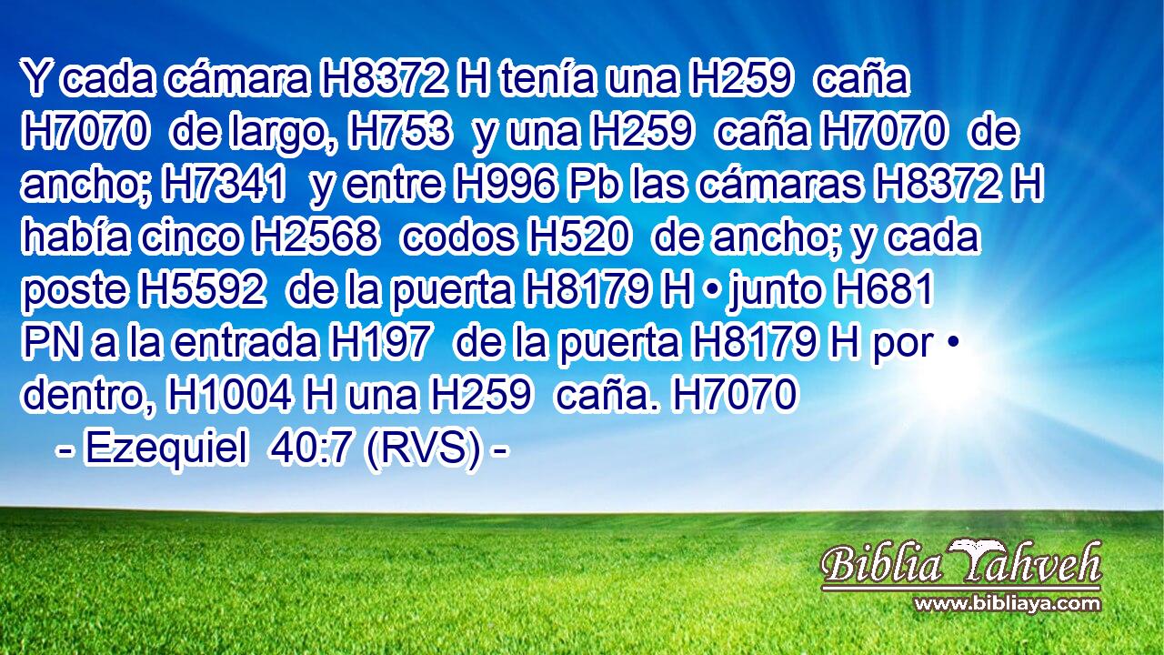 Y cada cámara H8372 H tenía una H259  caña H7070  de largo, H753  y una H259  caña H7070  de ancho; H7341  y entre H996 Pb las cámaras H8372 H había cinco H2568  codos H520  de ancho; y cada poste H5592  de la puerta H8179 H • junto H681 PN a la entrada H197  de la puerta H8179 H por • dentro, H1004 H una H259  caña. H7070  