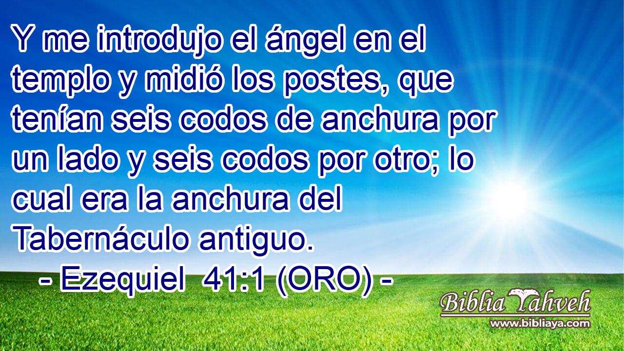  Y me introdujo el ángel en el templo y midió los postes, que tenían seis codos de anchura por un lado y seis codos por otro; lo cual era la anchura del Tabernáculo antiguo. 
