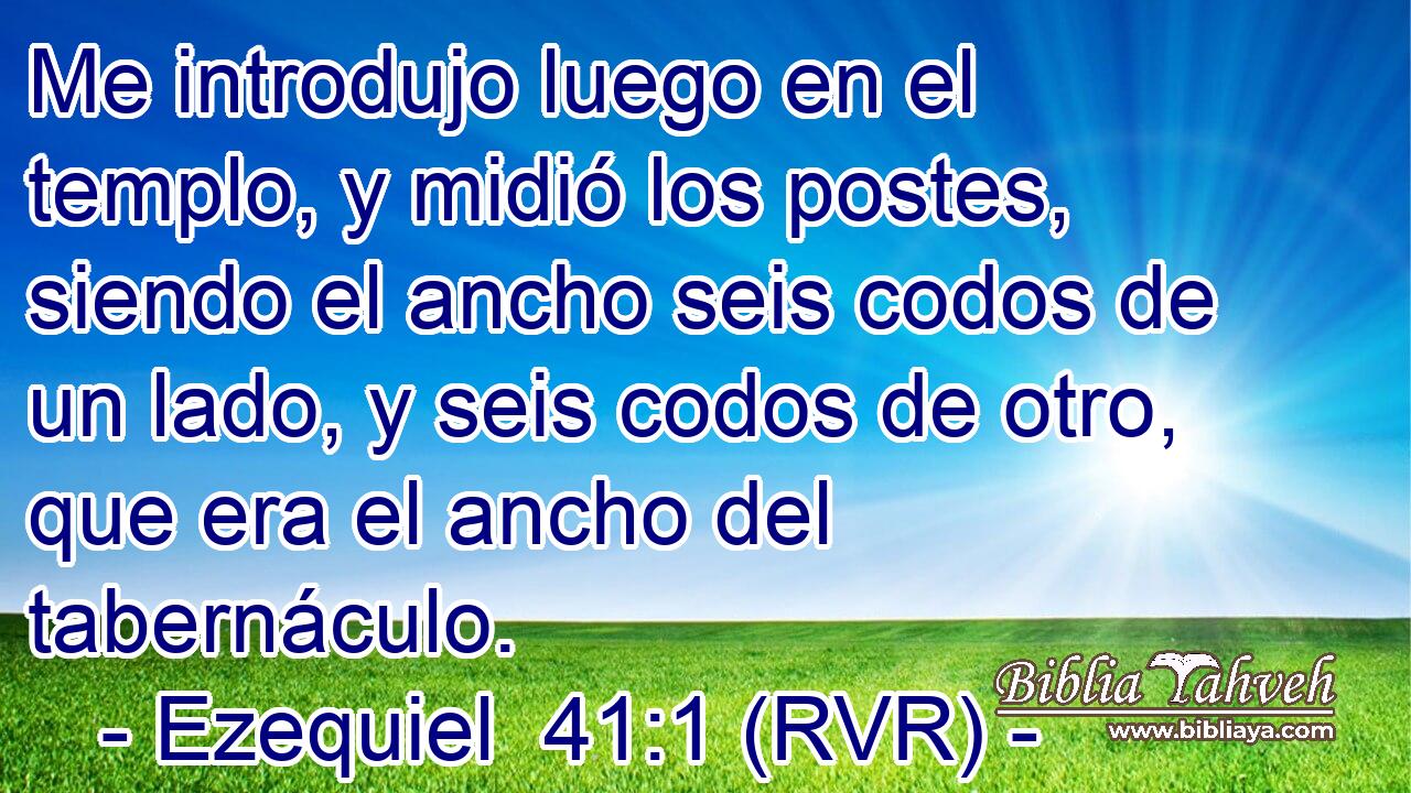 Me introdujo luego en el templo, y midió los postes, siendo el ancho seis codos de un lado, y seis codos de otro, que era el ancho del tabernáculo.