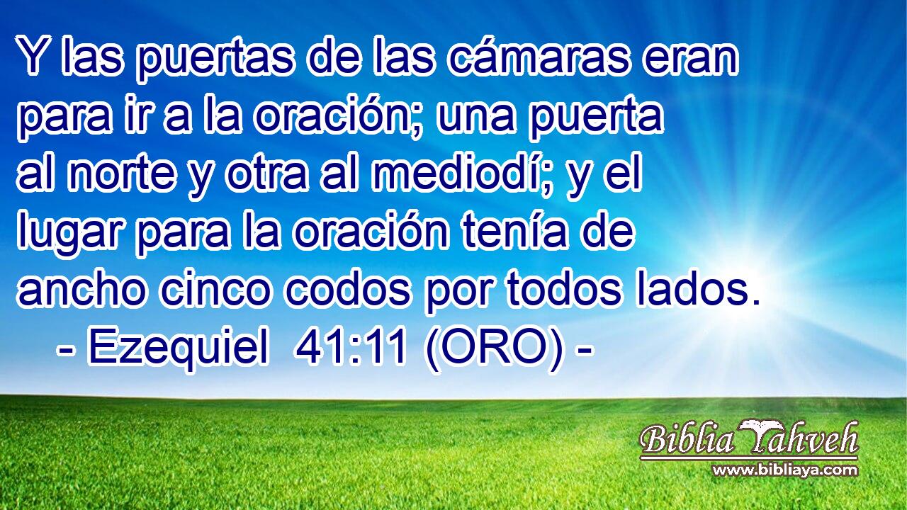  Y las puertas de las cámaras eran para ir a la oración; una puerta al norte y otra al mediodí; y el lugar para la oración tenía de ancho cinco codos por todos lados. 