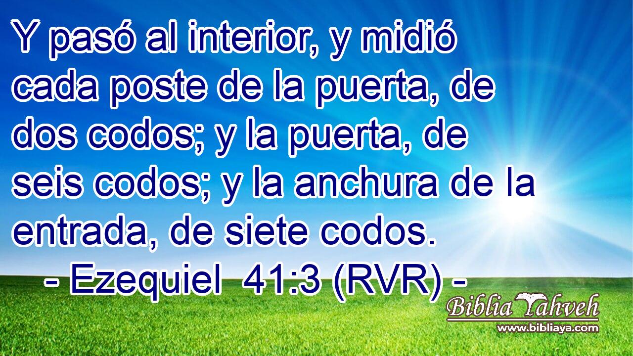 Y pasó al interior, y midió cada poste de la puerta, de dos codos; y la puerta, de seis codos; y la anchura de la entrada, de siete codos.