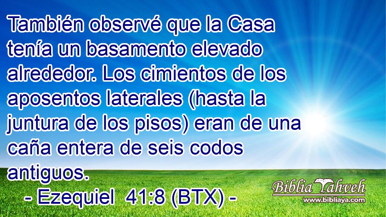 También observé que la Casa tenía un basamento elevado alrededor. Los cimientos de los aposentos laterales (hasta la juntura de los pisos) eran de una caña entera de seis codos antiguos.