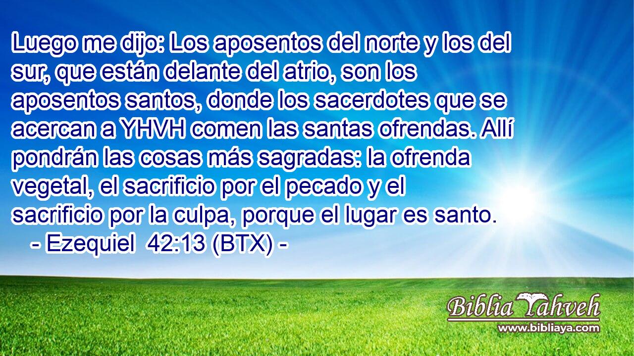 Luego me dijo: Los aposentos del norte y los del sur, que están delante del atrio, son los aposentos santos, donde los sacerdotes que se acercan a YHVH comen las santas ofrendas. Allí pondrán las cosas más sagradas: la ofrenda vegetal, el sacrificio por el pecado y el sacrificio por la culpa, porque el lugar es santo.