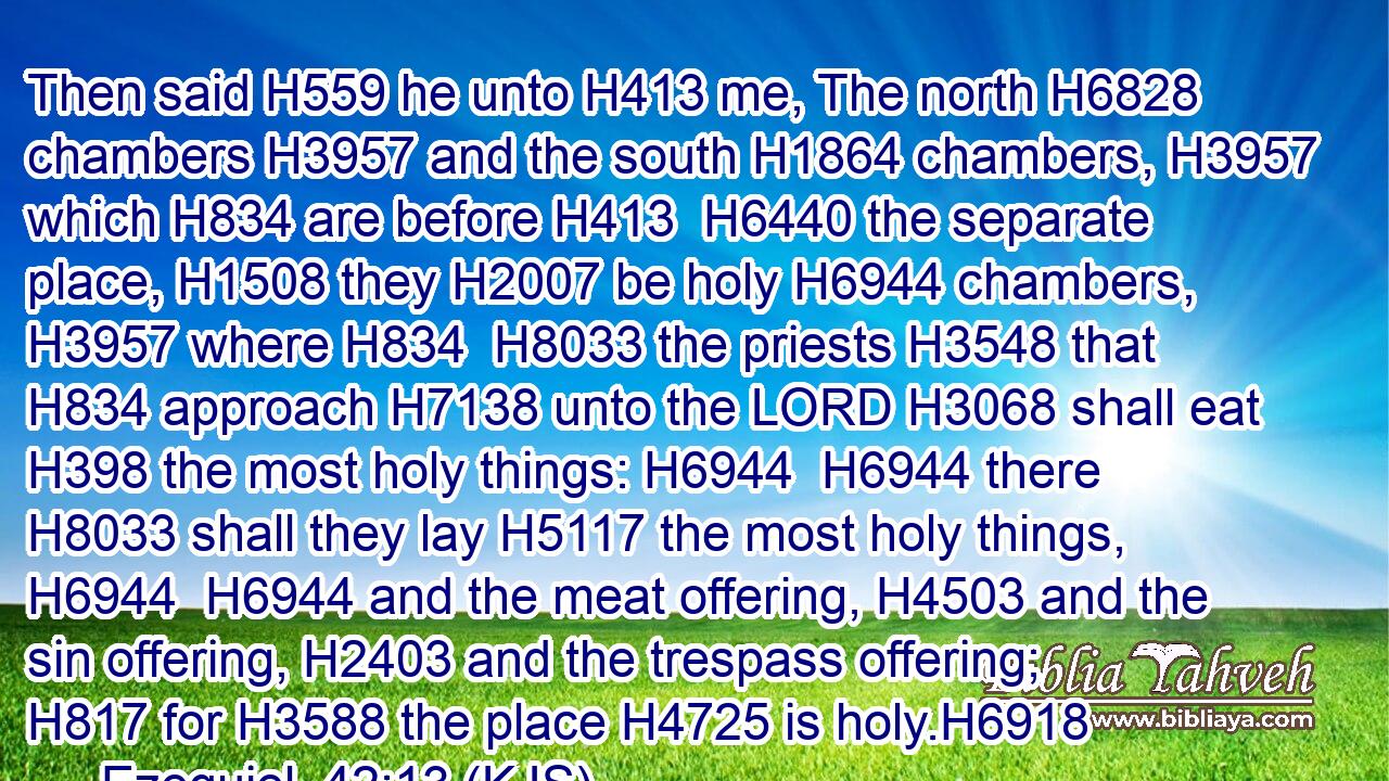 Then said H559 he unto H413 me, The north H6828 chambers H3957 and the south H1864 chambers, H3957 which H834 are before H413  H6440 the separate place, H1508 they H2007 be holy H6944 chambers, H3957 where H834  H8033 the priests H3548 that H834 approach H7138 unto the LORD H3068 shall eat H398 the most holy things: H6944  H6944 there H8033 shall they lay H5117 the most holy things, H6944  H6944 and the meat offering, H4503 and the sin offering, H2403 and the trespass offering; H817 for H3588 the place H4725 is holy.H6918