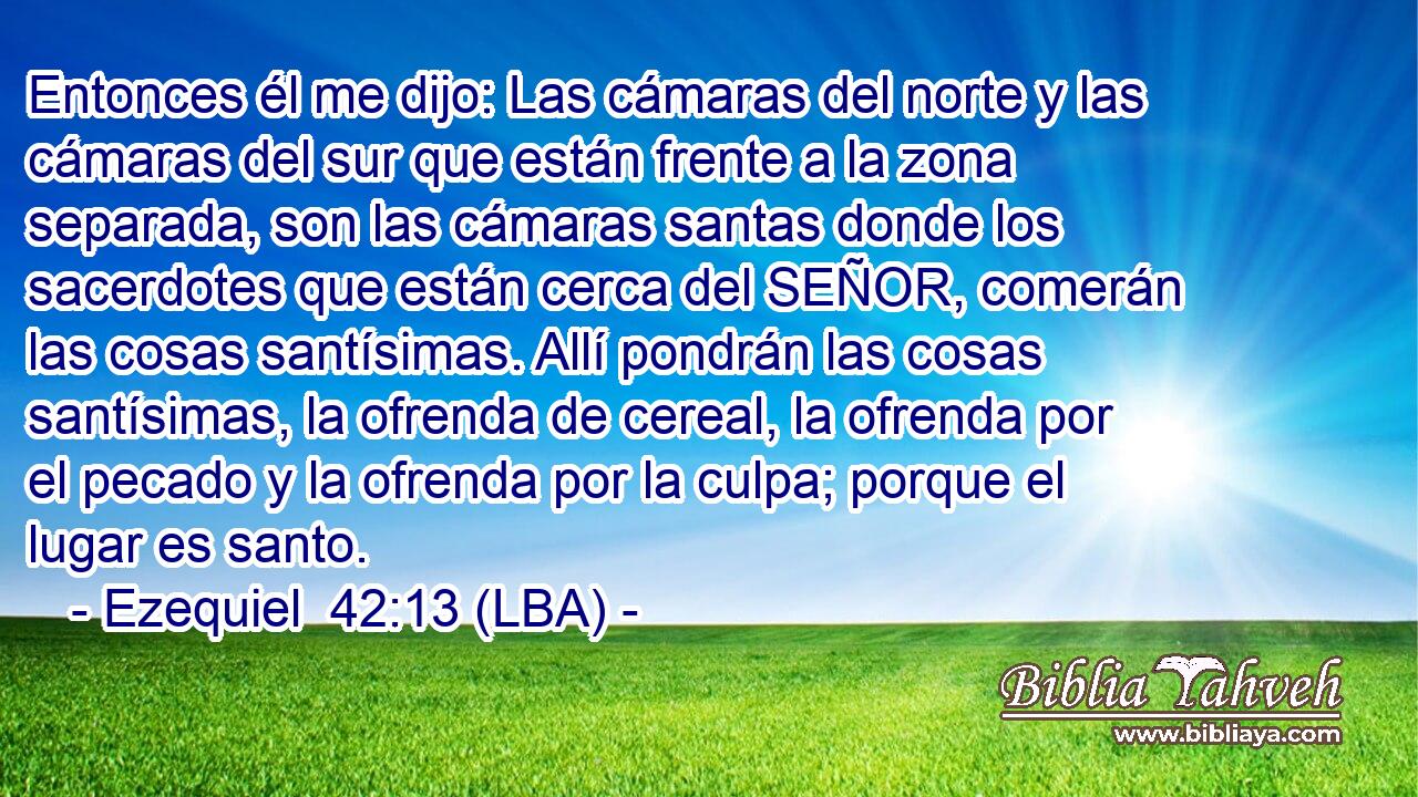 Entonces él me dijo: Las cámaras del norte y las cámaras del sur que están frente a la zona separada, son las cámaras santas donde los sacerdotes que están cerca del SEÑOR, comerán las cosas santísimas. Allí pondrán las cosas santísimas, la ofrenda de cereal, la ofrenda por el pecado y la ofrenda por la culpa; porque el lugar es santo.