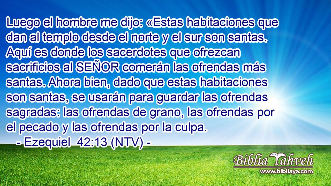 Luego el hombre me dijo: «Estas habitaciones que dan al templo desde el norte y el sur son santas. Aquí es donde los sacerdotes que ofrezcan sacrificios al SEÑOR comerán las ofrendas más santas. Ahora bien, dado que estas habitaciones son santas, se usarán para guardar las ofrendas sagradas: las ofrendas de grano, las ofrendas por el pecado y las ofrendas por la culpa.