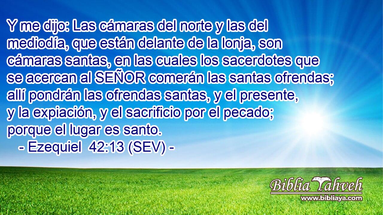 Y me dijo: Las cámaras del norte y las del mediodía, que están delante de la lonja, son cámaras santas, en las cuales los sacerdotes que se acercan al SEÑOR comerán las santas ofrendas; allí pondrán las ofrendas santas, y el presente, y la expiación, y el sacrificio por el pecado; porque el lugar es santo.