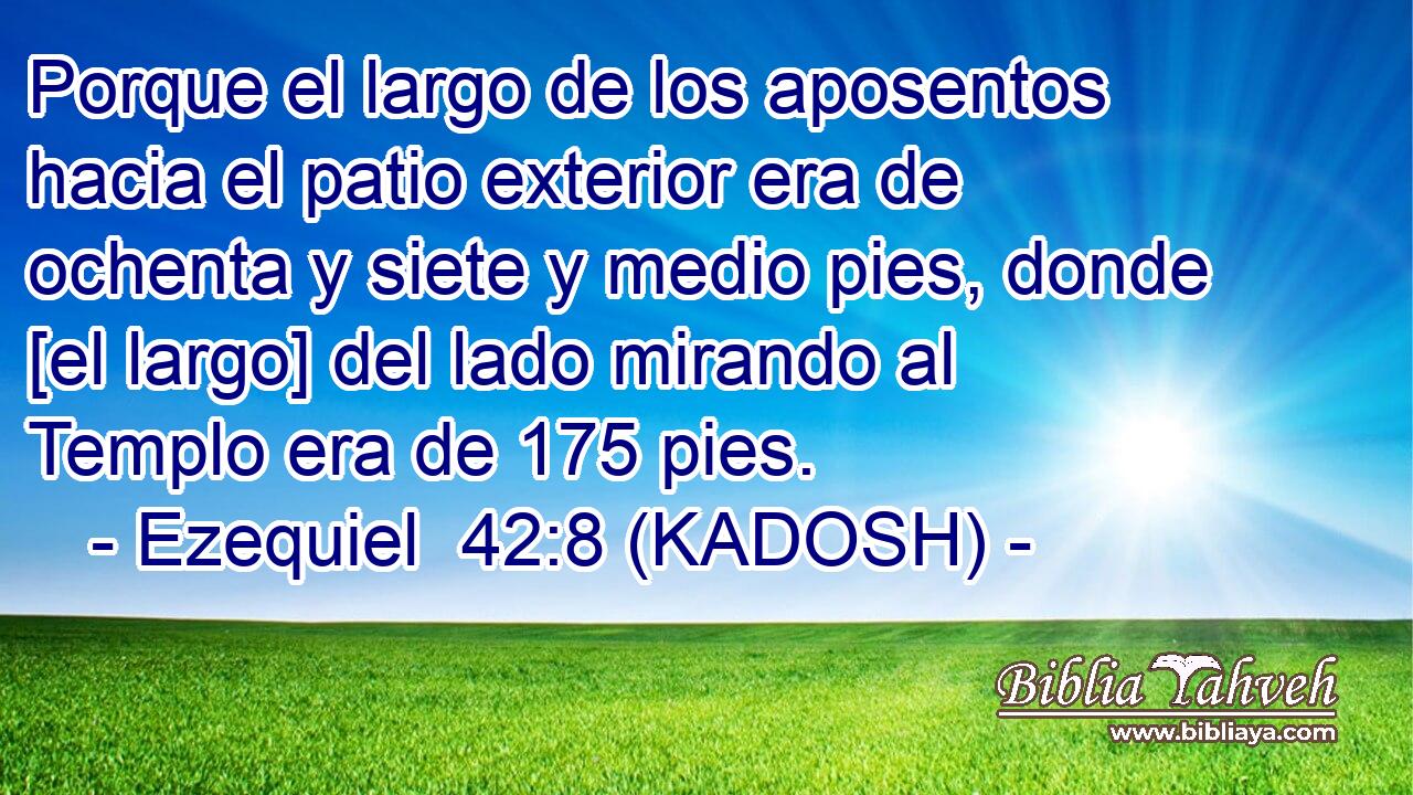  Porque el largo de los aposentos hacia el patio exterior era de ochenta y siete y medio pies, donde [el largo] del lado mirando al Templo era de 175 pies. 