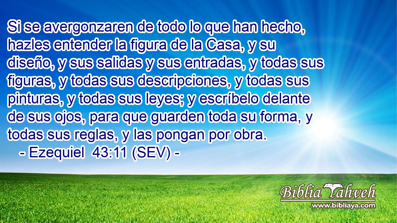 Si se avergonzaren de todo lo que han hecho, hazles entender la figura de la Casa, y su diseño, y sus salidas y sus entradas, y todas sus figuras, y todas sus descripciones, y todas sus pinturas, y todas sus leyes; y escríbelo delante de sus ojos, para que guarden toda su forma, y todas sus reglas, y las pongan por obra.