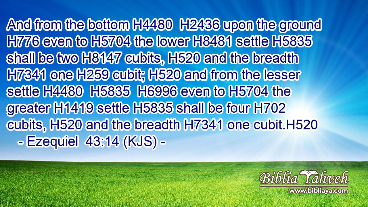 And from the bottom H4480  H2436 upon the ground H776 even to H5704 the lower H8481 settle H5835 shall be two H8147 cubits, H520 and the breadth H7341 one H259 cubit; H520 and from the lesser settle H4480  H5835  H6996 even to H5704 the greater H1419 settle H5835 shall be four H702 cubits, H520 and the breadth H7341 one cubit.H520