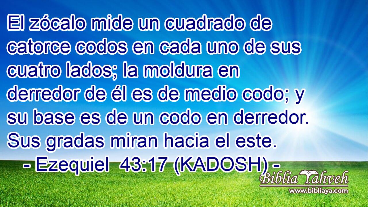  El zócalo mide un cuadrado de catorce codos en cada uno de sus cuatro lados; la moldura en derredor de él es de medio codo; y su base es de un codo en derredor. Sus gradas miran hacia el este. 