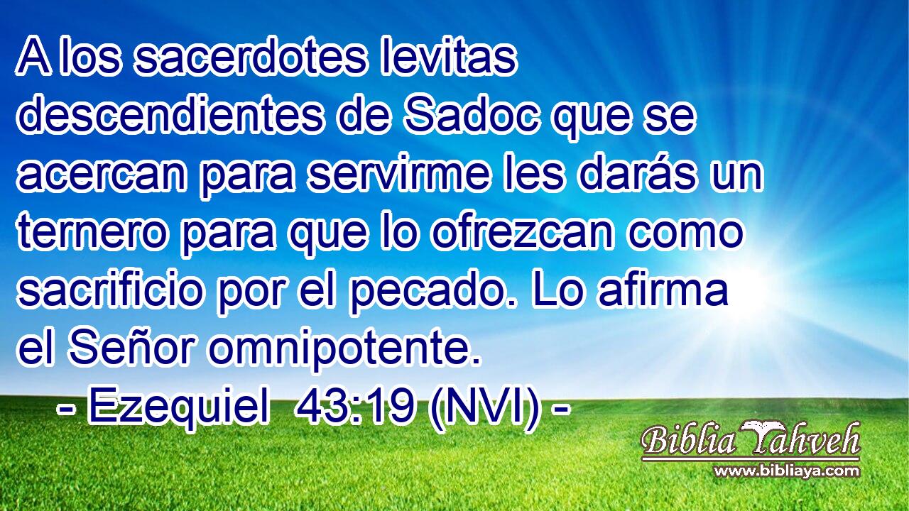  A los sacerdotes levitas descendientes de Sadoc que se acercan para servirme les darás un ternero para que lo ofrezcan como sacrificio por el pecado. Lo afirma el Señor omnipotente. 