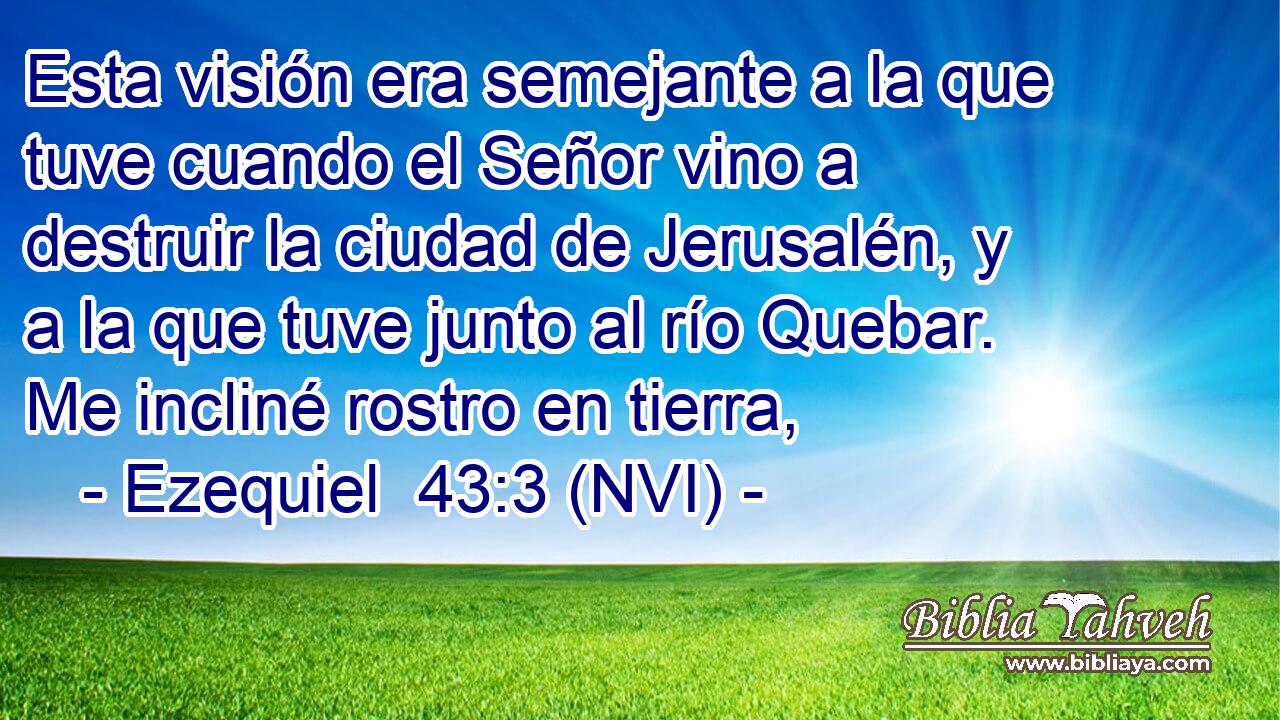  Esta visión era semejante a la que tuve cuando el Señor vino a destruir la ciudad de Jerusalén, y a la que tuve junto al río Quebar. Me incliné rostro en tierra, 