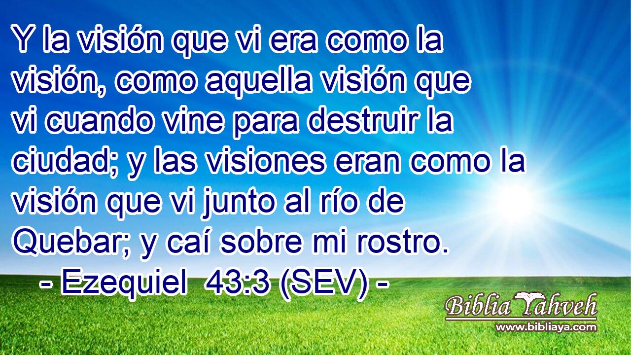 Y la visión que vi era como la visión, como aquella visión que vi cuando vine para destruir la ciudad; y las visiones eran como la visión que vi junto al río de Quebar; y caí sobre mi rostro.