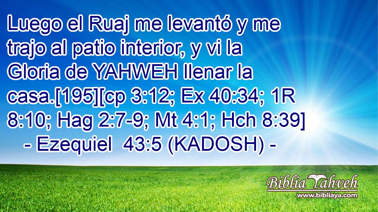  Luego el Ruaj me levantó y me trajo al patio interior, y vi la Gloria de YAHWEH llenar la casa.[195][cp 3:12; Ex 40:34; 1R 8:10; Hag 2:7-9; Mt 4:1; Hch 8:39] 