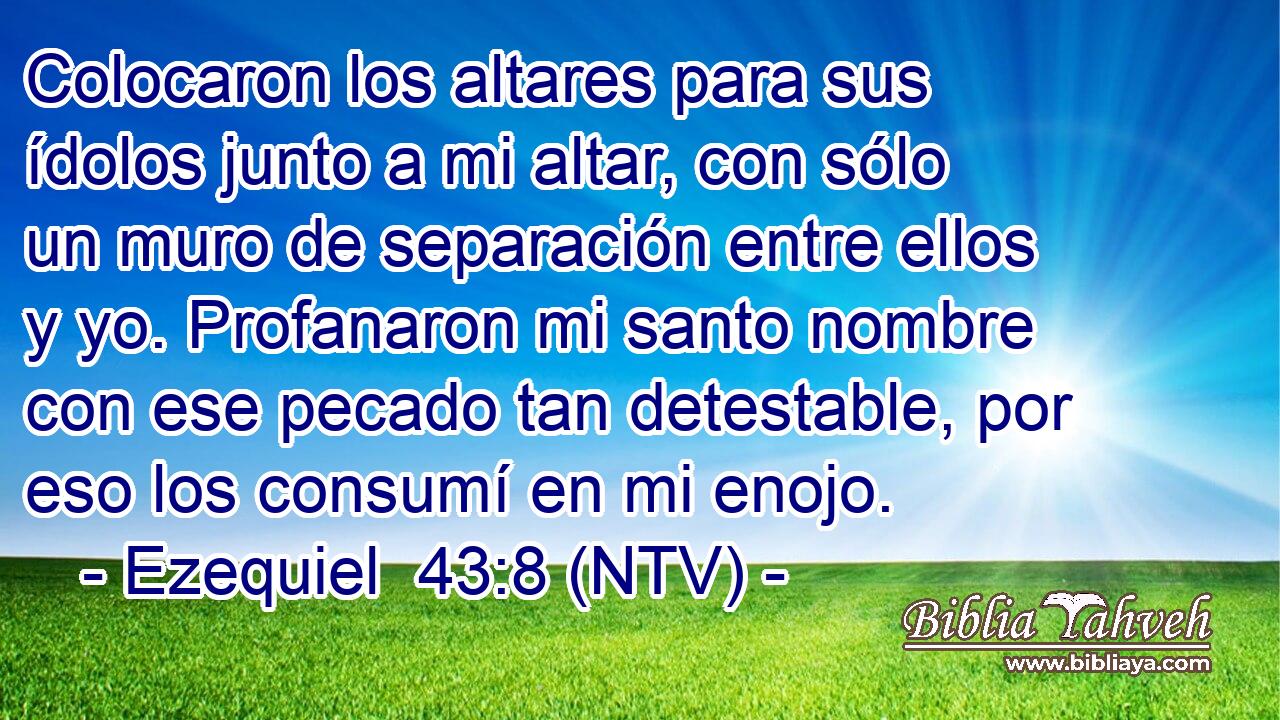 Colocaron los altares para sus ídolos junto a mi altar, con sólo un muro de separación entre ellos y yo. Profanaron mi santo nombre con ese pecado tan detestable, por eso los consumí en mi enojo.