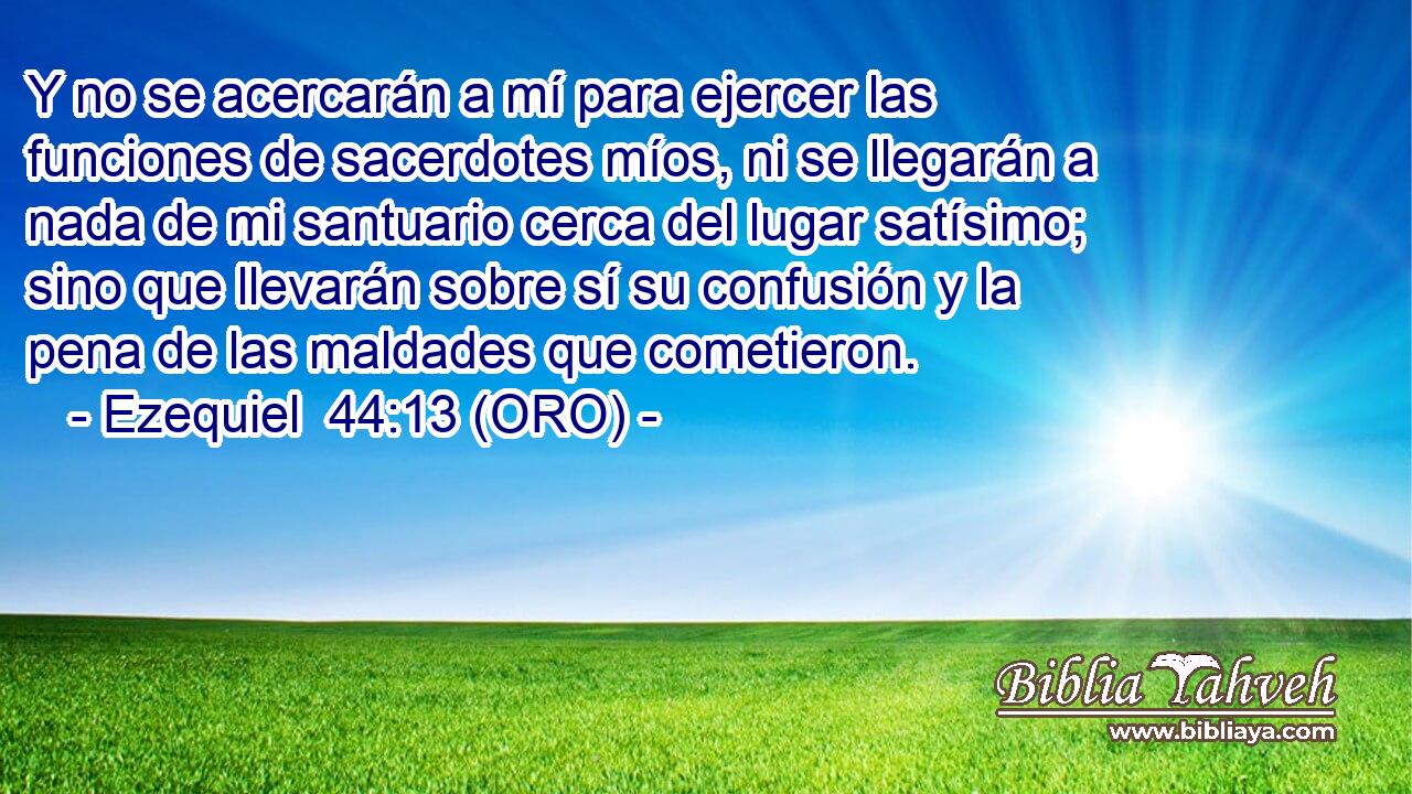  Y no se acercarán a mí para ejercer las funciones de sacerdotes míos, ni se llegarán a nada de mi santuario cerca del lugar satísimo; sino que llevarán sobre sí su confusión y la pena de las maldades que cometieron. 