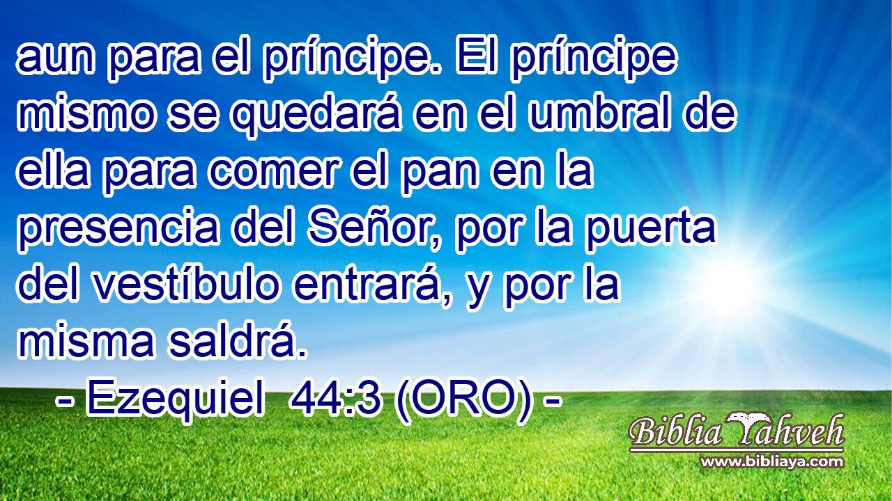  aun para el príncipe. El príncipe mismo se quedará en el umbral de ella para comer el pan en la presencia del Señor, por la puerta del vestíbulo entrará, y por la misma saldrá. 