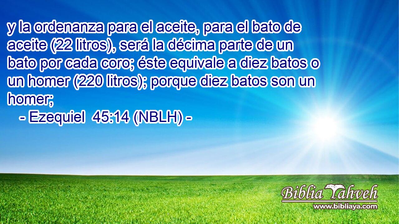  y la ordenanza para el aceite, para el bato de aceite (22 litros), será la décima parte de un bato por cada coro; éste equivale a diez batos o un homer (220 litros); porque diez batos son un homer; 