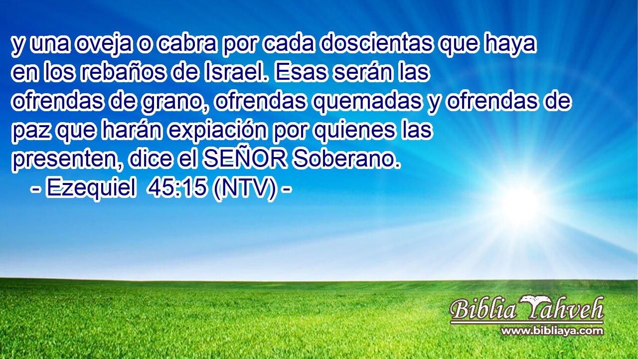 y una oveja o cabra por cada doscientas que haya en los rebaños de Israel. Esas serán las ofrendas de grano, ofrendas quemadas y ofrendas de paz que harán expiación por quienes las presenten, dice el SEÑOR Soberano.