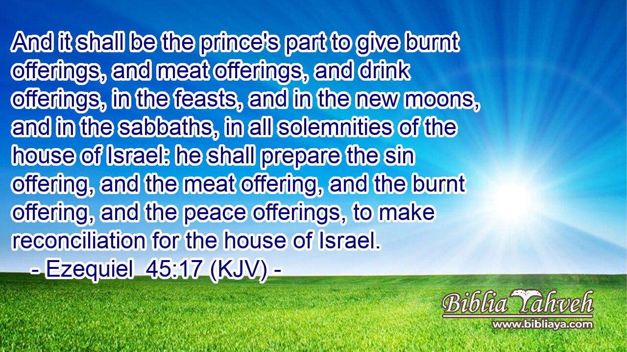 And it shall be the prince's part to give burnt offerings, and meat offerings, and drink offerings, in the feasts, and in the new moons, and in the sabbaths, in all solemnities of the house of Israel: he shall prepare the sin offering, and the meat offering, and the burnt offering, and the peace offerings, to make reconciliation for the house of Israel.