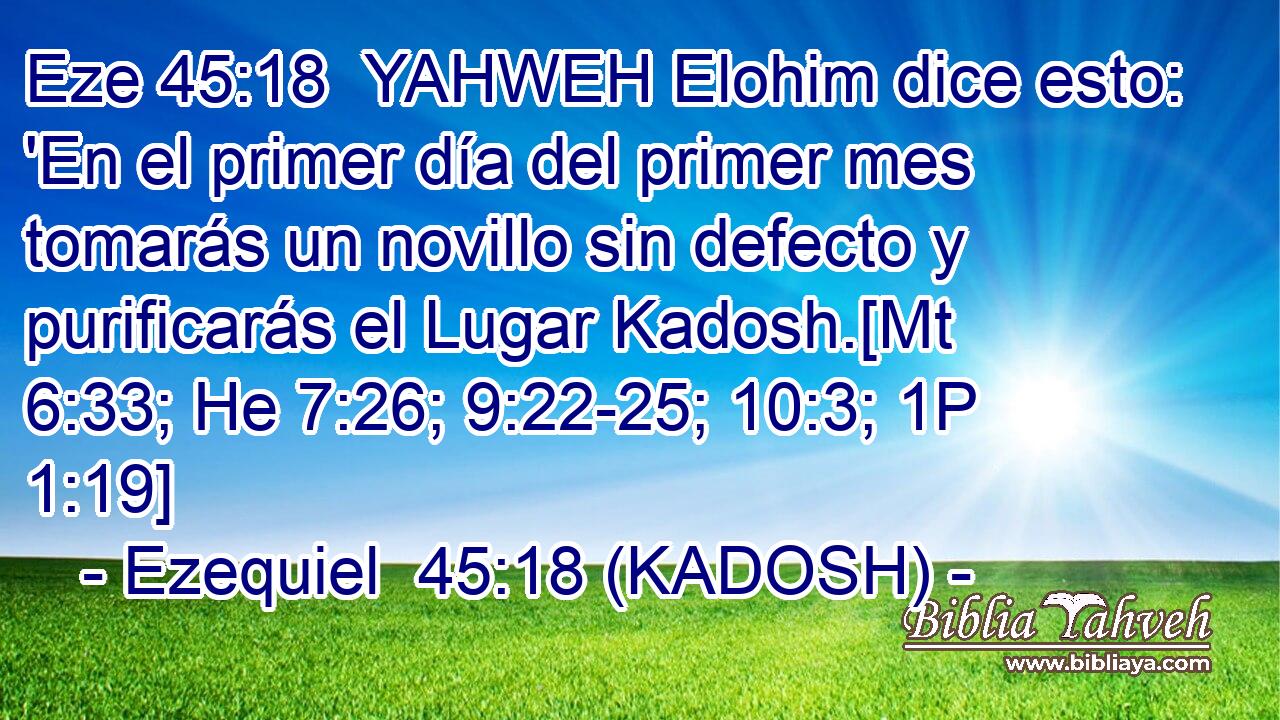  YAHWEH Elohim dice esto: 'En el primer día del primer mes tomarás un novillo sin defecto y purificarás el Lugar Kadosh.[Mt 6:33; He 7:26; 9:22-25; 10:3; 1P 1:19] 