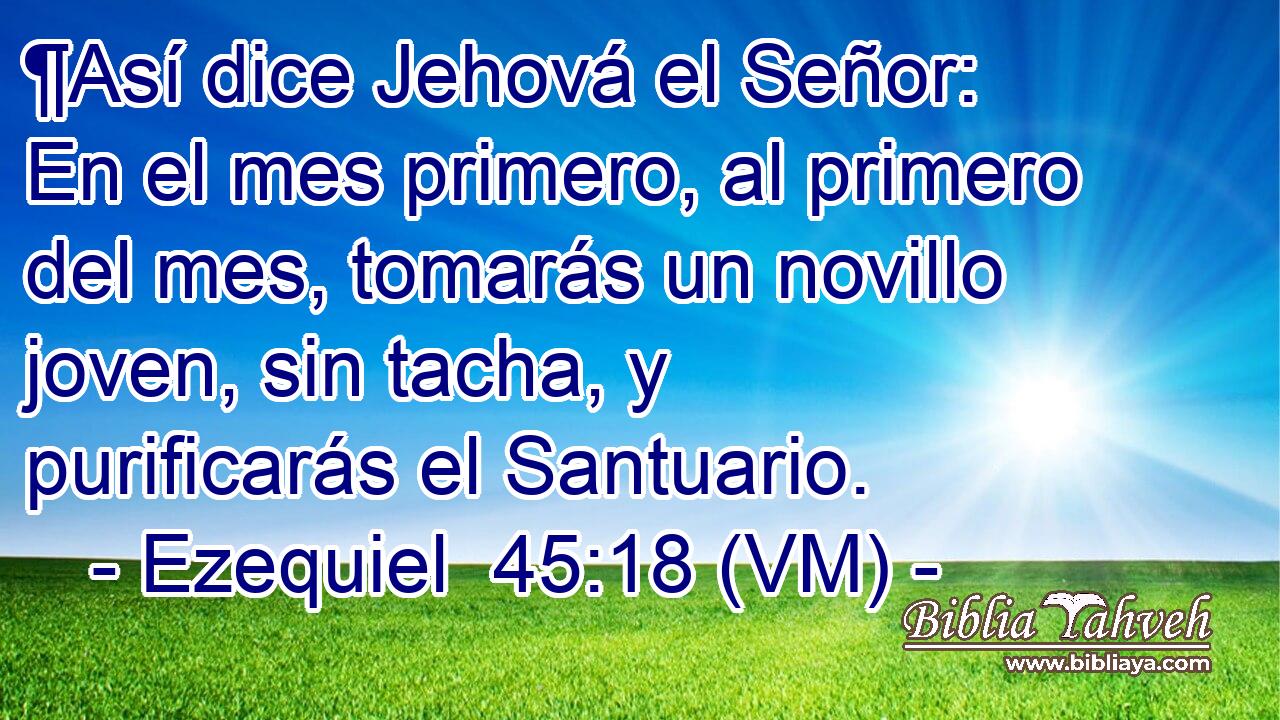  ¶Así dice Jehová el Señor: En el mes primero, al primero del mes, tomarás un novillo joven, sin tacha, y purificarás el Santuario. 