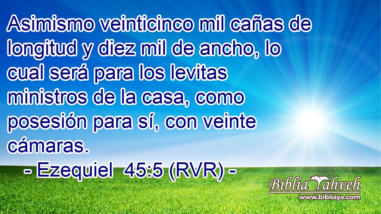 Asimismo veinticinco mil cañas de longitud y diez mil de ancho, lo cual será para los levitas ministros de la casa, como posesión para sí, con veinte cámaras.