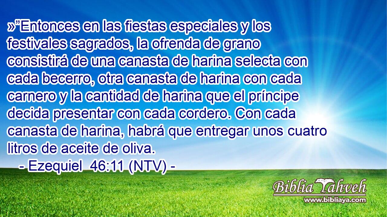 »”Entonces en las fiestas especiales y los festivales sagrados, la ofrenda de grano consistirá de una canasta de harina selecta con cada becerro, otra canasta de harina con cada carnero y la cantidad de harina que el príncipe decida presentar con cada cordero. Con cada canasta de harina, habrá que entregar unos cuatro litros de aceite de oliva.