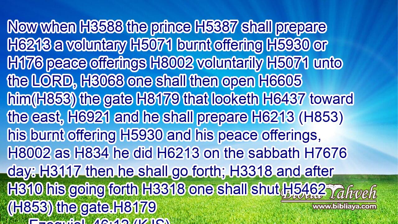 Now when H3588 the prince H5387 shall prepare H6213 a voluntary H5071 burnt offering H5930 or H176 peace offerings H8002 voluntarily H5071 unto the LORD, H3068 one shall then open H6605 him(H853) the gate H8179 that looketh H6437 toward the east, H6921 and he shall prepare H6213 (H853) his burnt offering H5930 and his peace offerings, H8002 as H834 he did H6213 on the sabbath H7676 day: H3117 then he shall go forth; H3318 and after H310 his going forth H3318 one shall shut H5462 (H853) the gate.H8179