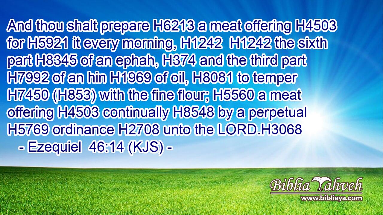 And thou shalt prepare H6213 a meat offering H4503 for H5921 it every morning, H1242  H1242 the sixth part H8345 of an ephah, H374 and the third part H7992 of an hin H1969 of oil, H8081 to temper H7450 (H853) with the fine flour; H5560 a meat offering H4503 continually H8548 by a perpetual H5769 ordinance H2708 unto the LORD.H3068