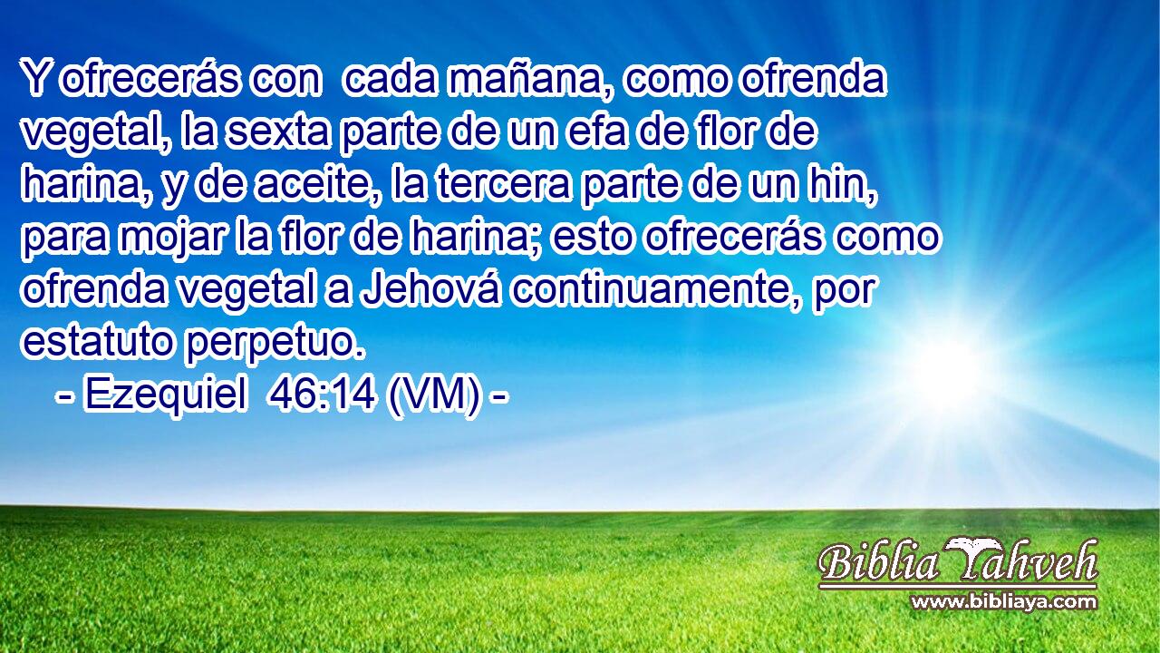  Y ofrecerás con  cada mañana, como ofrenda vegetal, la sexta parte de un efa de flor de harina, y de aceite, la tercera parte de un hin, para mojar la flor de harina; esto ofrecerás como ofrenda vegetal a Jehová continuamente, por estatuto perpetuo. 