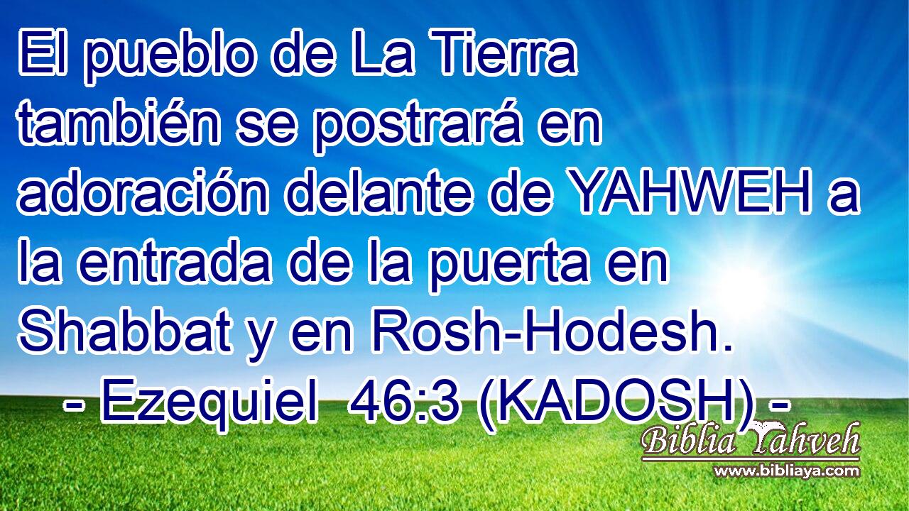  El pueblo de La Tierra también se postrará en adoración delante de YAHWEH a la entrada de la puerta en Shabbat y en Rosh-Hodesh. 