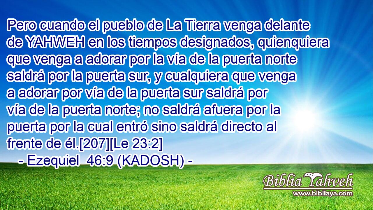 Pero cuando el pueblo de La Tierra venga delante de YAHWEH en los tiempos designados, quienquiera que venga a adorar por la vía de la puerta norte saldrá por la puerta sur, y cualquiera que venga a adorar por vía de la puerta sur saldrá por vía de la puerta norte; no saldrá afuera por la puerta por la cual entró sino saldrá directo al frente de él.[207][Le 23:2] 