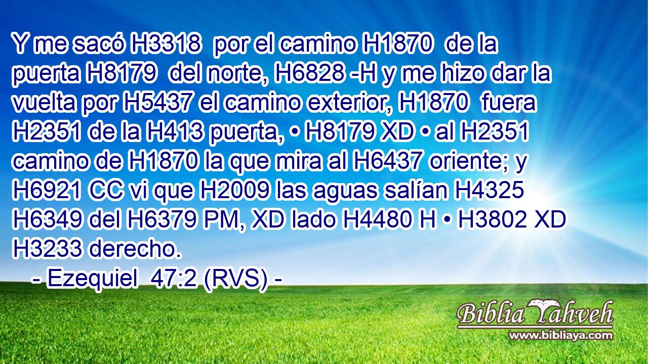 Y me sacó H3318  por el camino H1870  de la puerta H8179  del norte, H6828 -H y me hizo dar la vuelta por H5437 el camino exterior, H1870  fuera H2351 de la H413 puerta, • H8179 XD • al H2351 camino de H1870 la que mira al H6437 oriente; y H6921 CC vi que H2009 las aguas salían H4325  H6349 del H6379 PM, XD lado H4480 H • H3802 XD H3233 derecho. 
