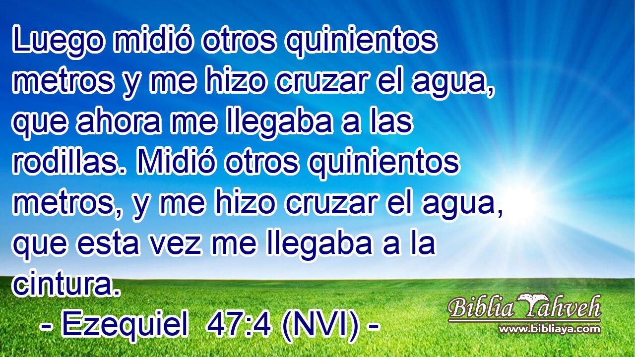  Luego midió otros quinientos metros y me hizo cruzar el agua, que ahora me llegaba a las rodillas. Midió otros quinientos metros, y me hizo cruzar el agua, que esta vez me llegaba a la cintura. 