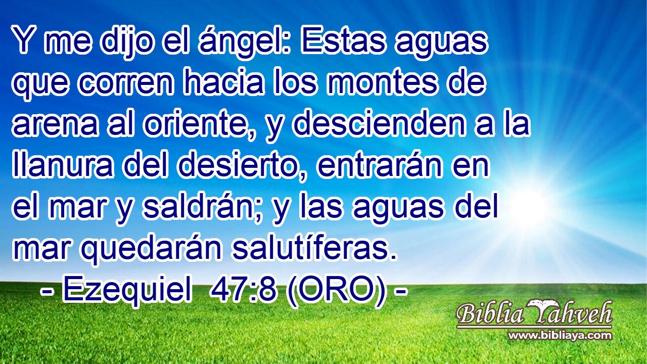  Y me dijo el ángel: Estas aguas que corren hacia los montes de arena al oriente, y descienden a la llanura del desierto, entrarán en el mar y saldrán; y las aguas del mar quedarán salutíferas. 