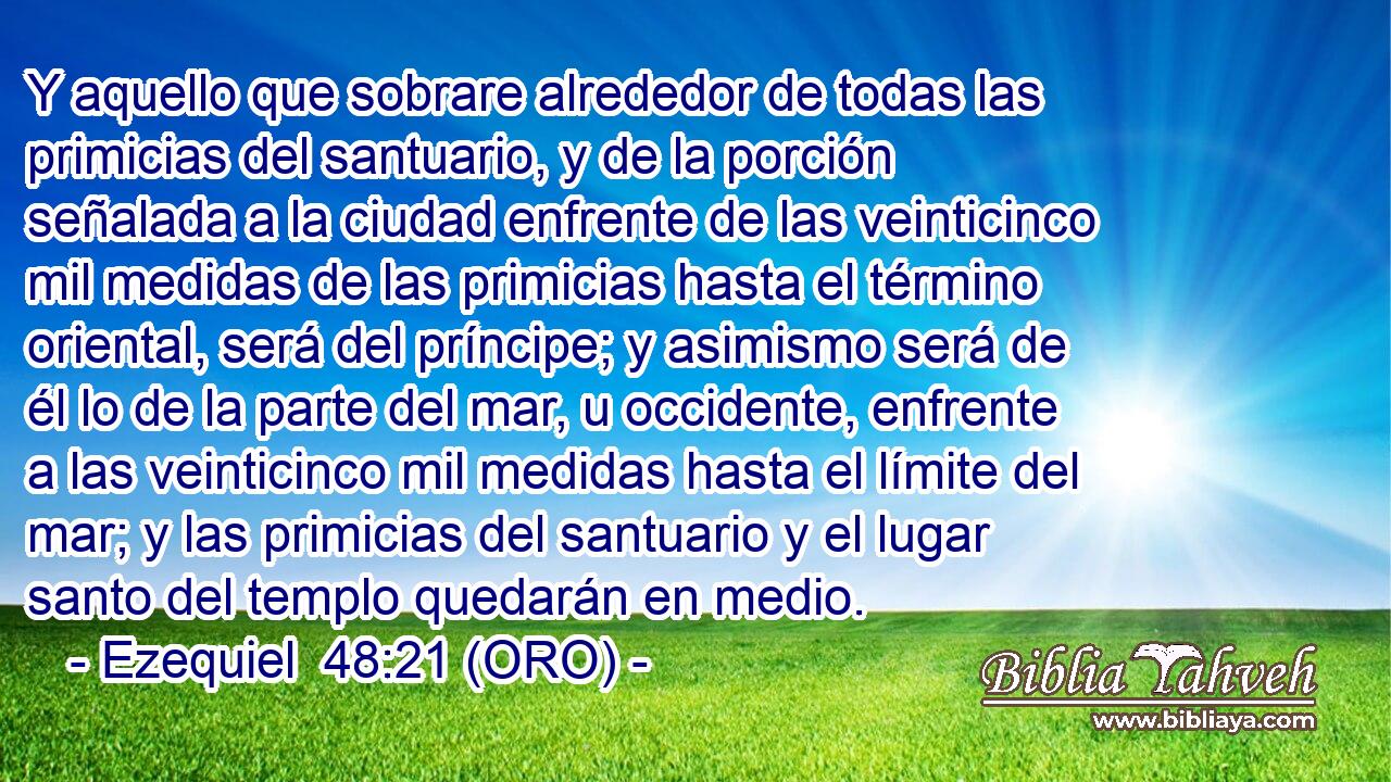  Y aquello que sobrare alrededor de todas las primicias del santuario, y de la porción señalada a la ciudad enfrente de las veinticinco mil medidas de las primicias hasta el término oriental, será del príncipe; y asimismo será de él lo de la parte del mar, u occidente, enfrente a las veinticinco mil medidas hasta el límite del mar; y las primicias del santuario y el lugar santo del templo quedarán en medio. 
