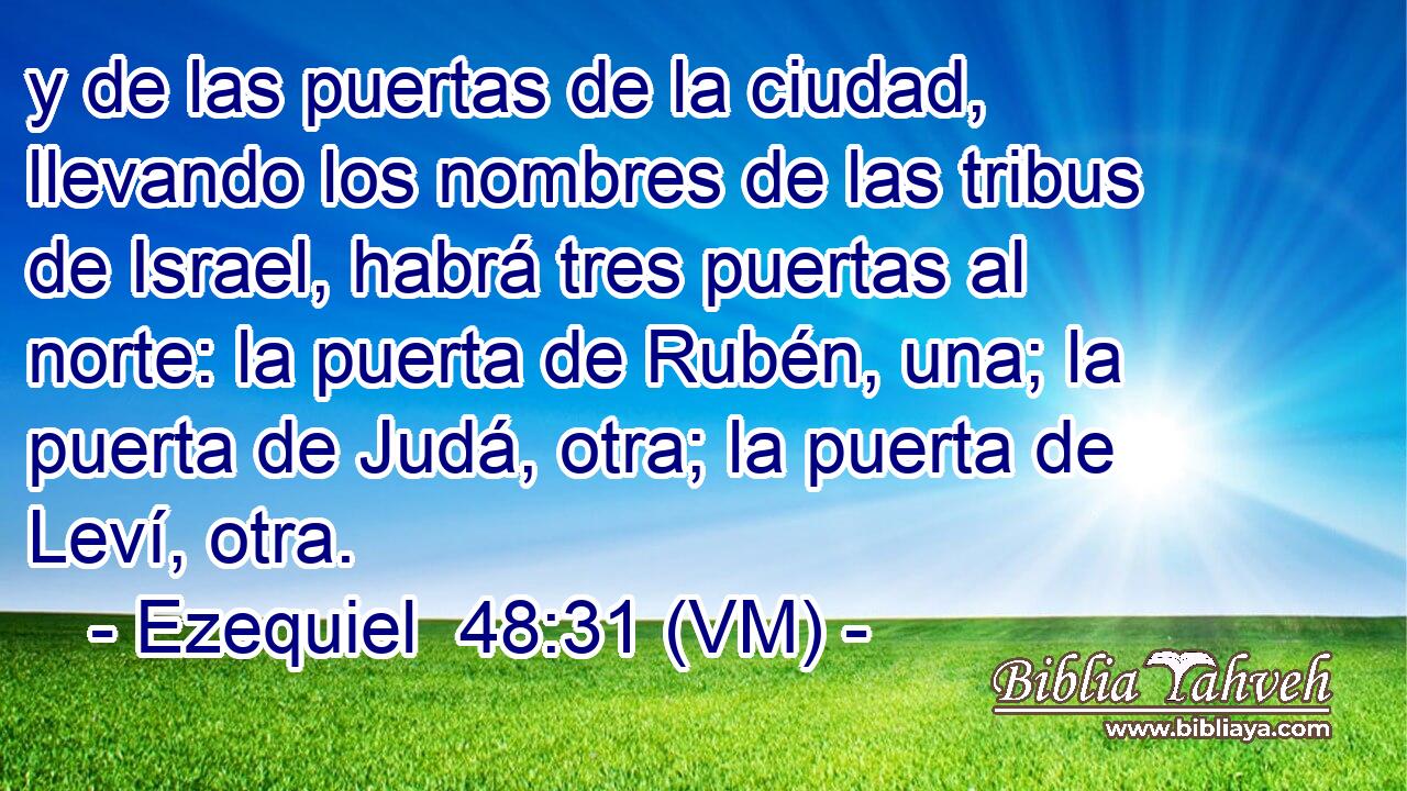  y de las puertas de la ciudad, llevando los nombres de las tribus de Israel, habrá tres puertas al norte: la puerta de Rubén, una; la puerta de Judá, otra; la puerta de Leví, otra. 
