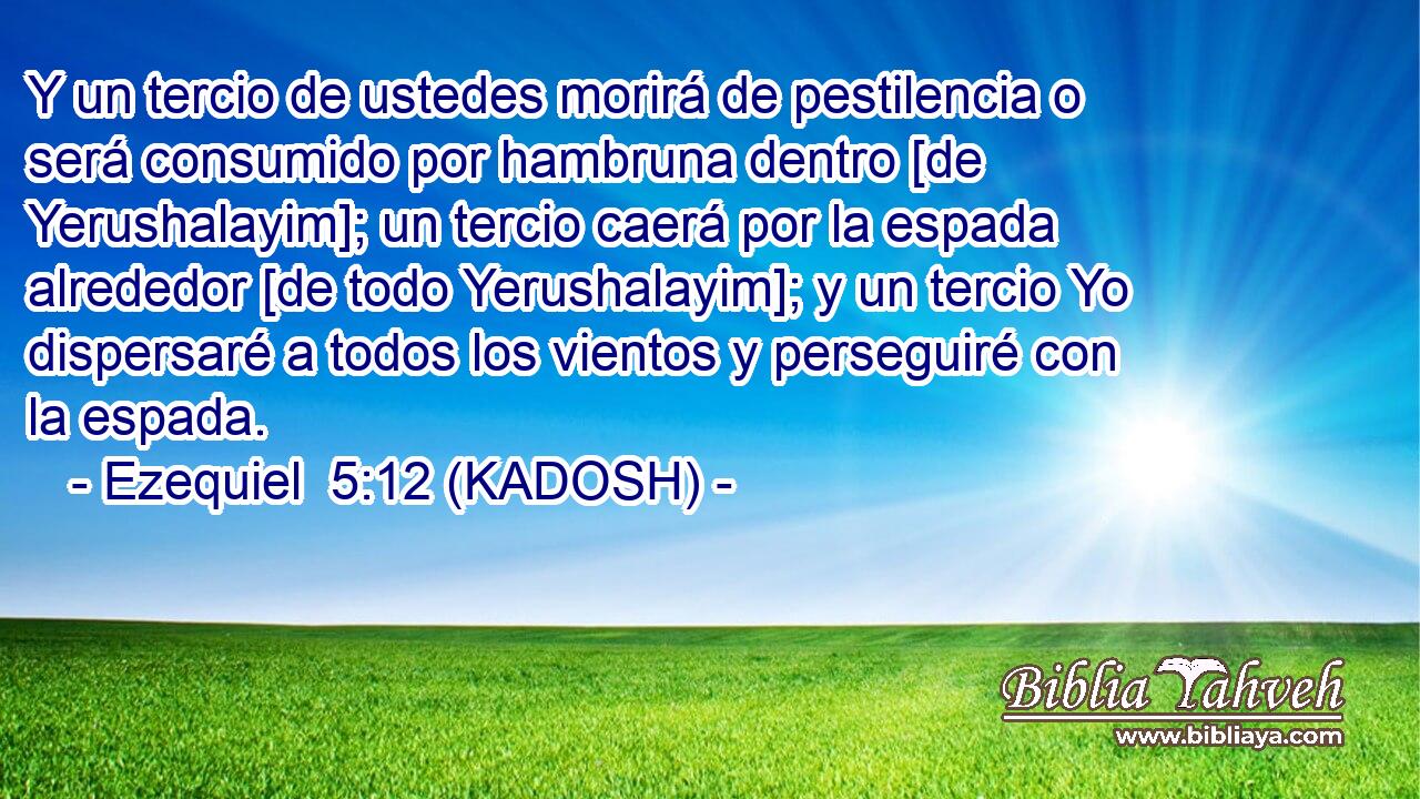  Y un tercio de ustedes morirá de pestilencia o será consumido por hambruna dentro [de Yerushalayim]; un tercio caerá por la espada alrededor [de todo Yerushalayim]; y un tercio Yo dispersaré a todos los vientos y perseguiré con la espada. 