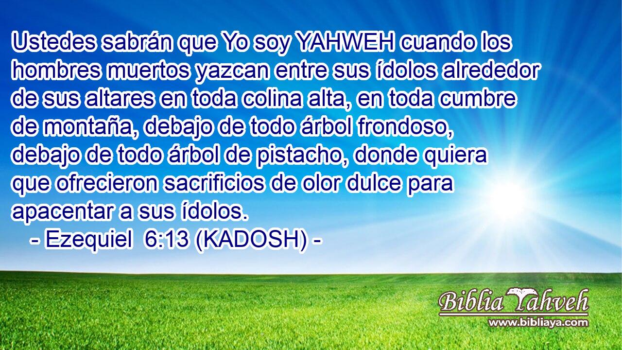  Ustedes sabrán que Yo soy YAHWEH cuando los hombres muertos yazcan entre sus ídolos alrededor de sus altares en toda colina alta, en toda cumbre de montaña, debajo de todo árbol frondoso, debajo de todo árbol de pistacho, donde quiera que ofrecieron sacrificios de olor dulce para apacentar a sus ídolos. 