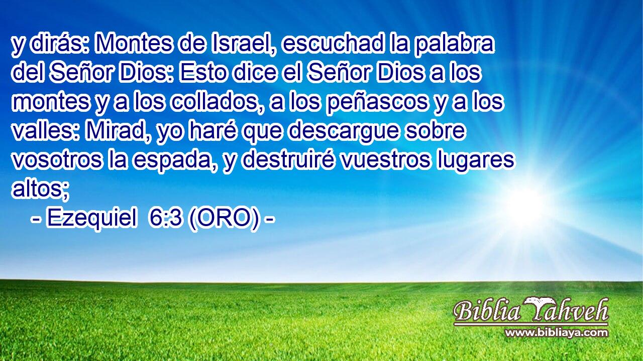  y dirás: Montes de Israel, escuchad la palabra del Señor Dios: Esto dice el Señor Dios a los montes y a los collados, a los peñascos y a los valles: Mirad, yo haré que descargue sobre vosotros la espada, y destruiré vuestros lugares altos; 
