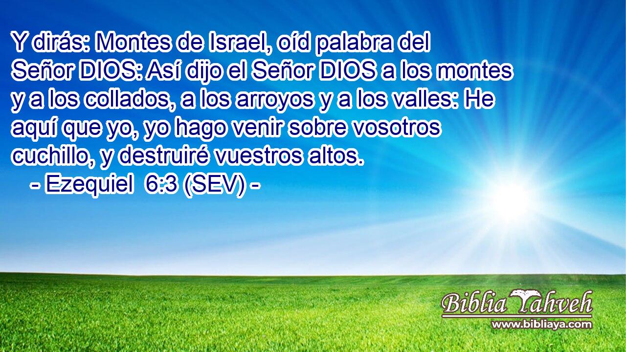 Y dirás: Montes de Israel, oíd palabra del Señor DIOS: Así dijo el Señor DIOS a los montes y a los collados, a los arroyos y a los valles: He aquí que yo, yo hago venir sobre vosotros cuchillo, y destruiré vuestros altos.